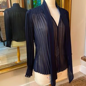 Banana Republic Petite Medium Navy Sheer Pleated Blouse
